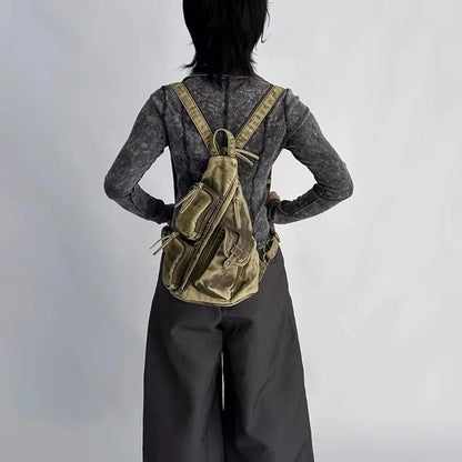 Annmouler Designer Backpacks for Women Soft Washed Letaher Sling Chest Bag Vintage Multi-pockets Punk Style Small Bag