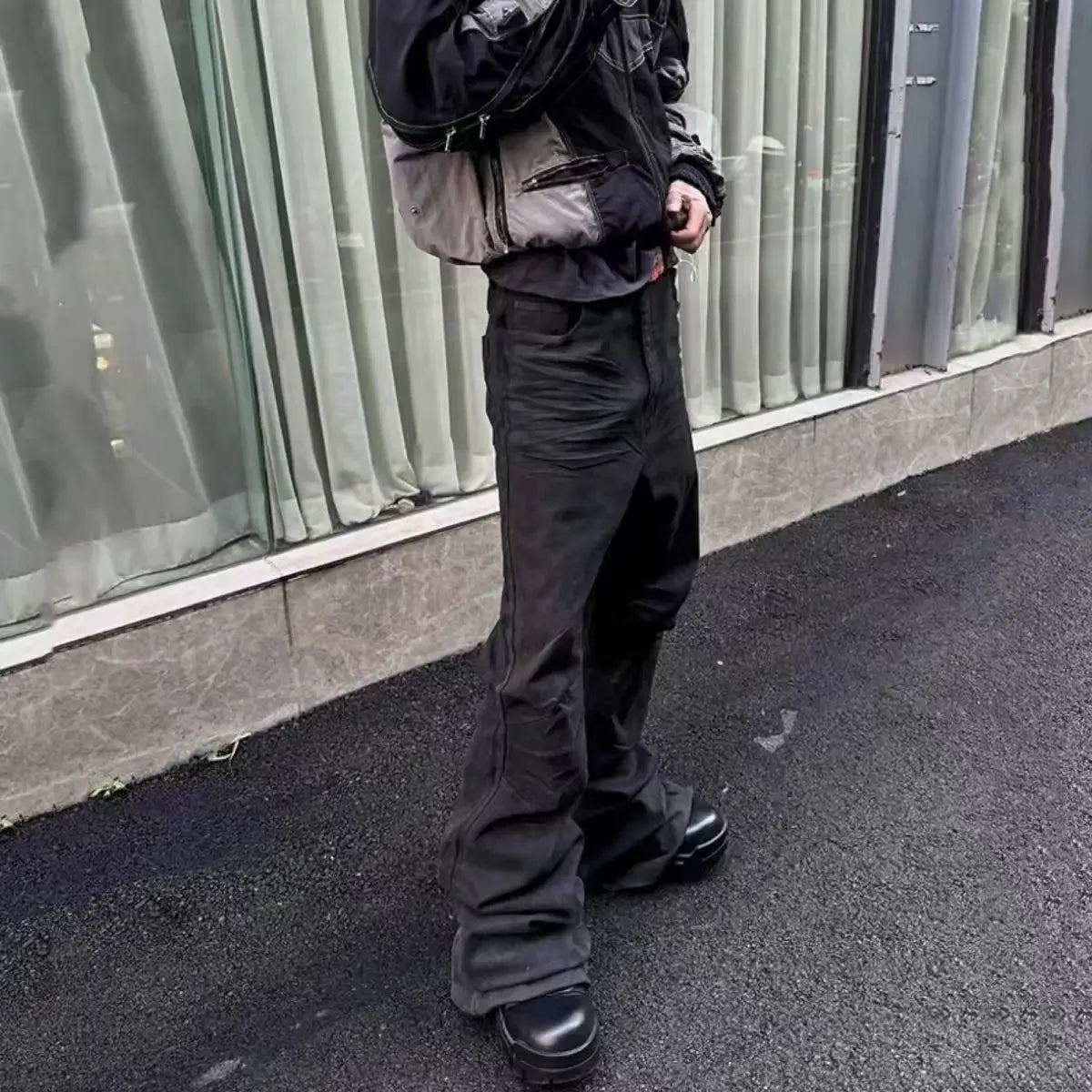 American retro heavy industry men and women black gothic retro casual loose jeans High street coated micro-flare jeans