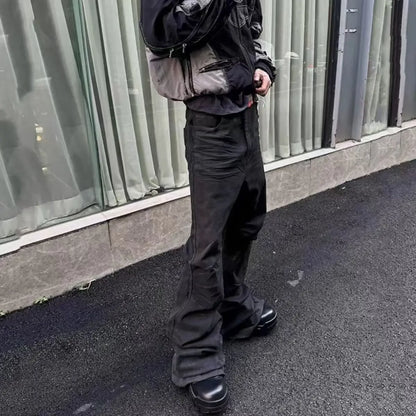American retro heavy industry men and women black gothic retro casual loose jeans High street coated micro-flare jeans