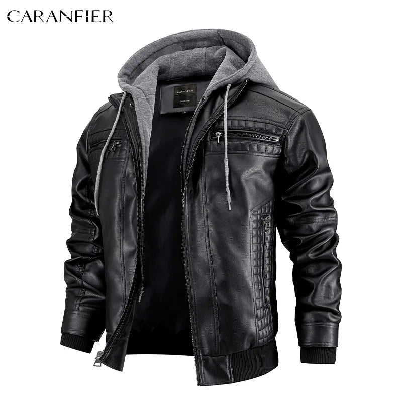 CARANFIER Men PU Leather Jacket Male Moto Biker Hooded Luxury Coats Clothing Faux Vintage Outerwear Chaqueta Hombre Dropshipping