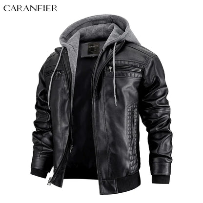 CARANFIER Men PU Leather Jacket Male Moto Biker Hooded Luxury Coats Clothing Faux Vintage Outerwear Chaqueta Hombre Dropshipping