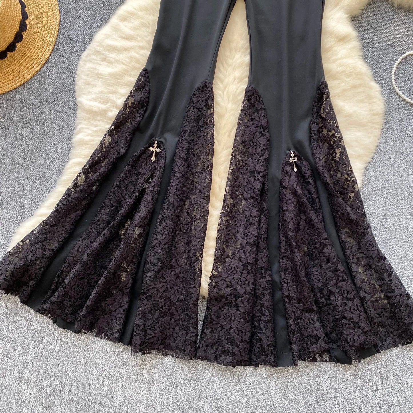 SINGREINY American Ins Hotsweet Pants Women High Waist Mesh Splice Lace Design Fashion Streetwear Skinny Flared Long Pants