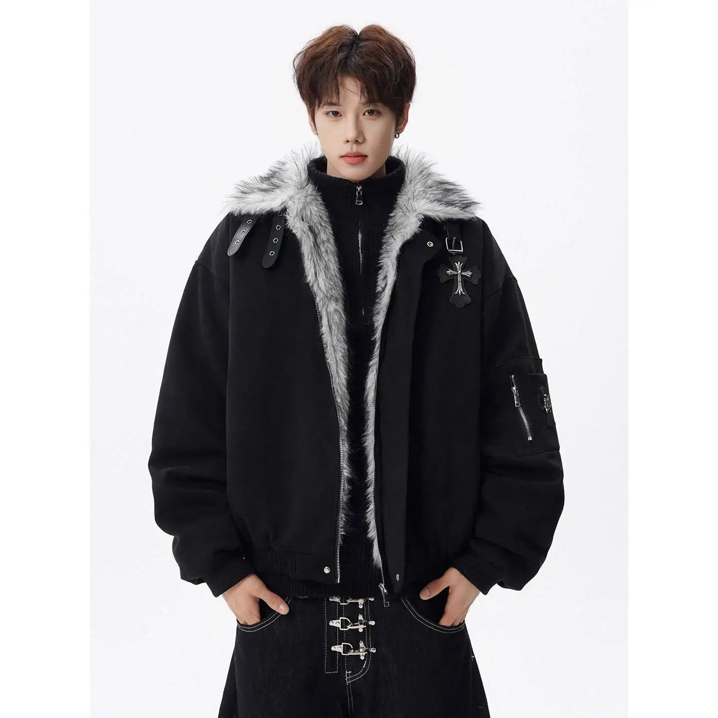 PFNW Fashion Versatile Warm Coat Autumn Winter New Men's Fur Collar High Quality Thick Cotton Jacket 28L1062