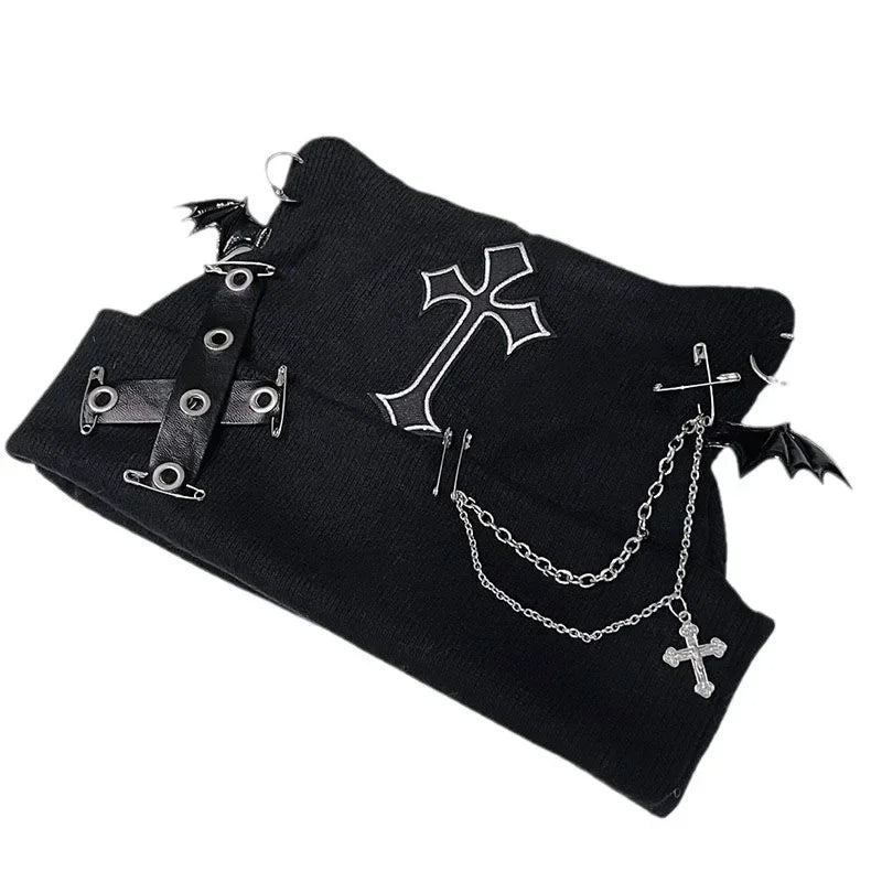 Gothic Grunge Cat Ear Bat Wing Black Beanie Hat Harajuku Punk Cross Chain Knitted Hat Women Winter Warm Chic Streetwear