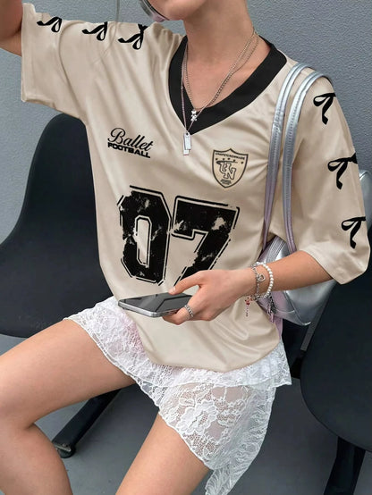 Apex Ritual Women's No.7 Print V-Neck Tee – Short-Sleeve Sport Jersey Top