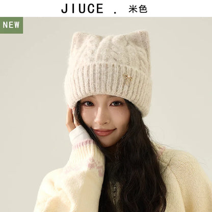 Cute Cartoon Cat's Ears Thickened Knit Hat women's Bow Wool Hat Ear Protection Warm Hat Bonnets Beanies 4m730