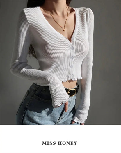 Women's Y2K V-Neck Knit Crop Top
