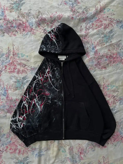 Women's Gothic Minimalist Graffiti Zip-Up Hoodie