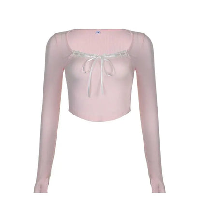 Mooyu Cute Bandage Bow Cropped Top Pink Sweet Coquette Sweet T Shirts Fall Spring Casual Square Collar Tees Women y2k Aesthetic