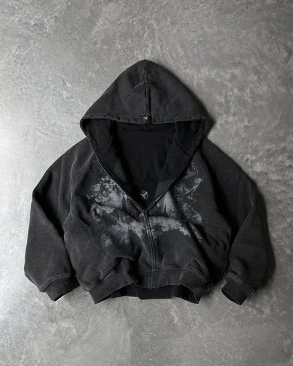 New Purple Cropped Hoodie Women Butterfly Graphic Print kawaii Cat Ear Zip Up Drawstring Waist Y2K Gothic Streetwear Sweatshirt