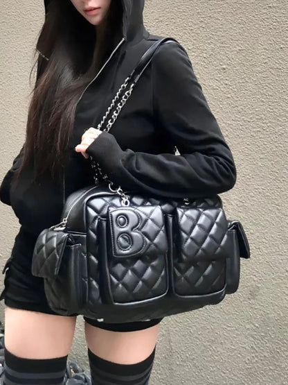 2026 Autumn and Winter New Style Rhombus Retro Multi-Pocket Shoulder Crossbody Motorcycle Bag Large Capacity Simple Commuter Handbag