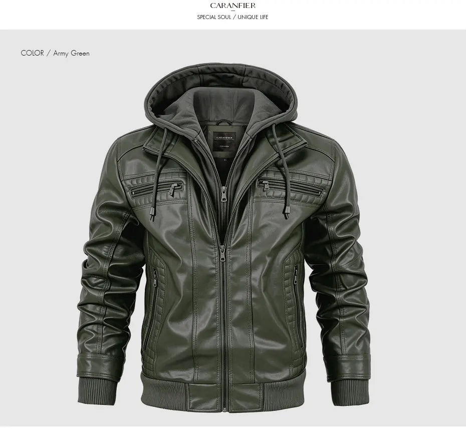 CARANFIER Men PU Leather Jacket Male Moto Biker Hooded Luxury Coats Clothing Faux Vintage Outerwear Chaqueta Hombre Dropshipping