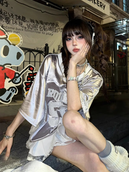 Retro American Splice V-neck Hollow out Lace Short Sleeve T-shirt Women Summer Embroidered Loose Sports Silver Top