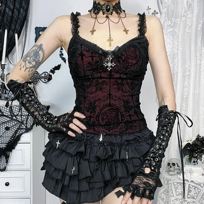Mall Gothic Spaghetti Strap Tanks Top Hot Sexy V-neck Lace Patchwork Camisole Basic Slim Vests Summer Techwear Women