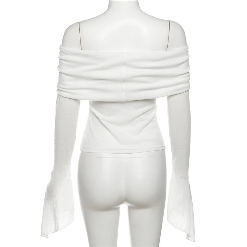 Y2k Aesthetic Simple Fashion Women's Tee Shirts Slash Neck Long Sleeve Solid Casual T-Shirts Vintage Off Shoulder Trendy Tshirts