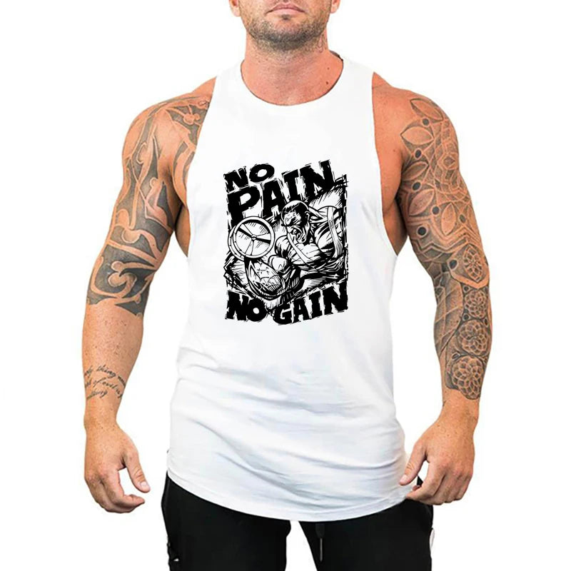 NO PAIN NO GAIN Men Running Vests Summer Cotton Gym Fitness Tank Tops Bodybuilding Training Exercise Clothing Muscle Singlets