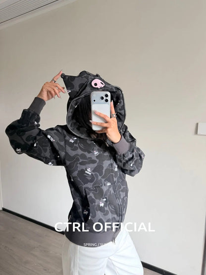 In  Stock  Anime Hello Kittys Hooded Jacket Girl Commuting Coat Jacket Kuromi Anime 3d Ears Hooded Cute Leopard Print Clothes