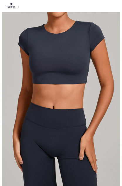 Hollow Backless Short Sleeve Sporty Slim T-shirt Women Crop Top Breathable Quick Dry Gym Workout Top Sport Shirt Fitness Clothes