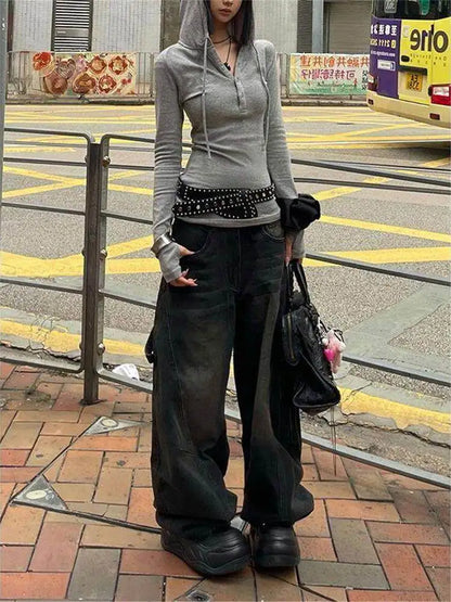 Women's New Y2k Printed Double Waistband Trousers High Street Hiphop Spring Autumn Loose Fit Casual Wide-Leg Pants