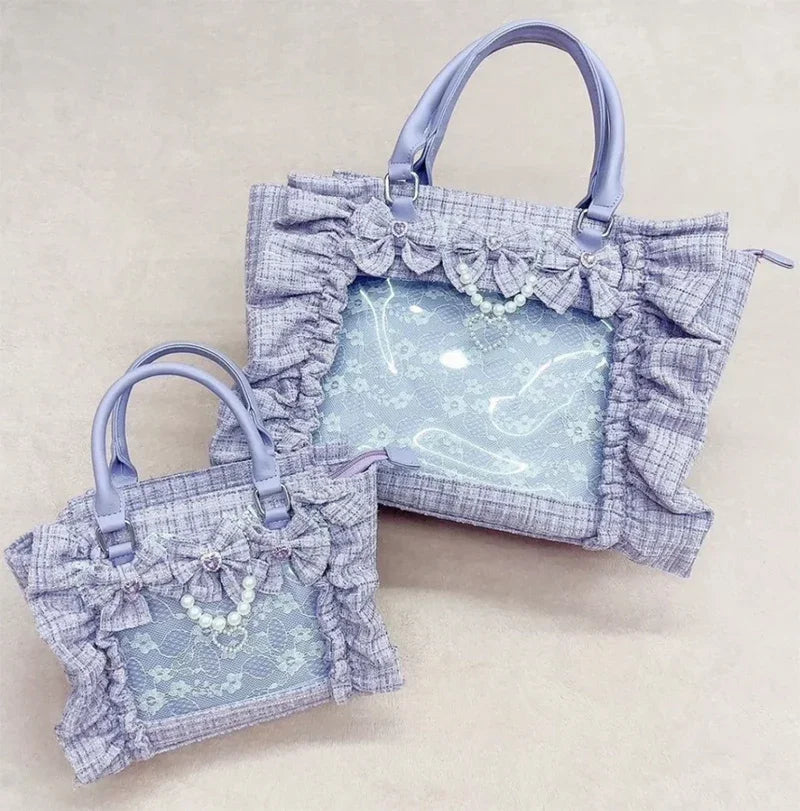 Japanese Style Mine Bags Women Ruffled Lace Lolita Girls Rhienstone Pearl Bowknot Square Tote Shoulder Portable Bolso Handbags