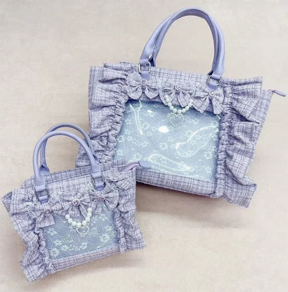 Japanese Style Mine Bags Women Ruffled Lace Lolita Girls Rhienstone Pearl Bowknot Square Tote Shoulder Portable Bolso Handbags