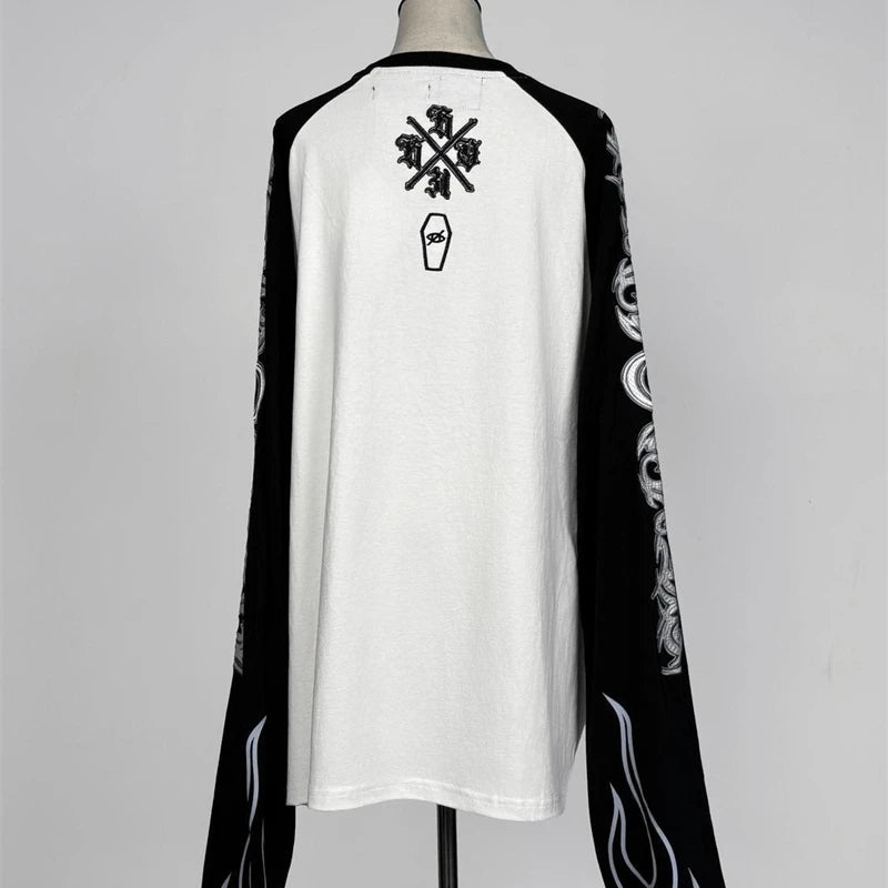 Japanese Harajuku Streetwear Co-branded Subculture Tattoo Embroidery Flame Long Sleeve Oversized Sleeve T-Shirt