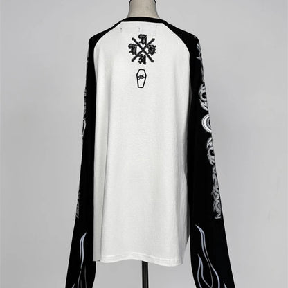 Japanese Harajuku Streetwear Co-branded Subculture Tattoo Embroidery Flame Long Sleeve Oversized Sleeve T-Shirt