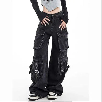 Black Gothic Punk Multi-Pocket Zipper Denim Jeans Men And Women Y2K American Baggy Fashion High Waist Loose Wide-Leg Jeans