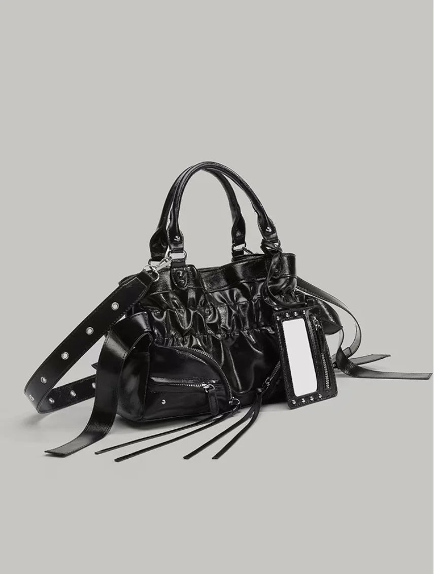 Veo-1 Piece Retro Y2K Edgy Rivet Motorcycle Bag, Large Capacity Pleated Versatile Commuter Bag, High-End Arm Bag, Cute and Spicy Women's Shoulder Bag, Fashionable and Convenient Soft Leather Crossbody Bag, Detachable Adjustab