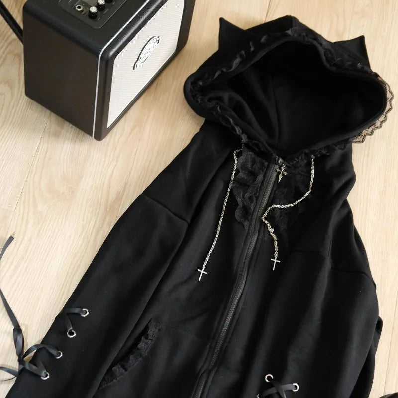 Kimutomo Hoodies Women Lace Patchwork Ribbon Cat Ears Y2k Aesthetic Gothic Grunge Sweet Outwear Loose Jackets Vintage Sweatshirt