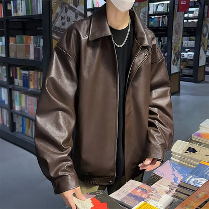 Youth Fashion Men Leather Jacket Casual Zipper Black Motorcycle Waterproof Windproof Pu Bomber Coat