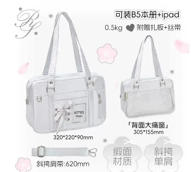 Japanese New Girls Silver Shoulder Bag Large Capacity Ribbon Itabag Student Women's Satin Messenger Bag Leather Backpacks