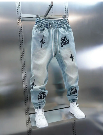 American high-street letter embroidered washed denim jeans fashion loose-fitting jogger harem pants slim-fit casual pants