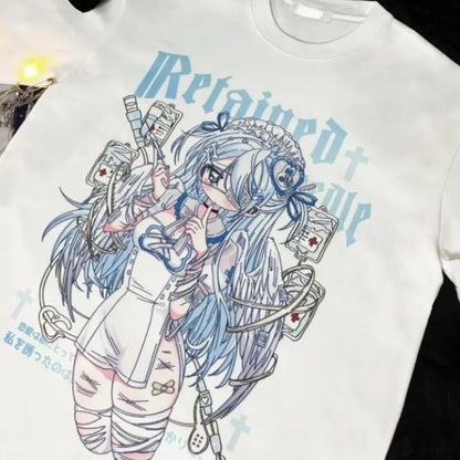 Kimutomo Women T Shirts Cartoon Printed Short Sleeve Loose Sweet Funny Y2k Aesthetic Harajuku Tops Grunge Gothic Ladies Casual