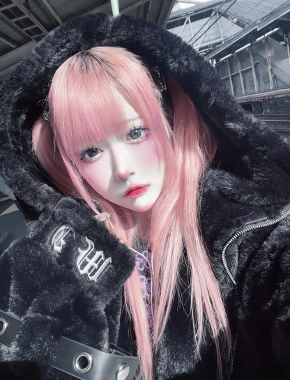 Lautaro Autumn Winter Thick Warm Faux Fur Coat Women with Hood Zipper Luxury Japanese Style Punk Harajuku Fluffy Jacket 2026