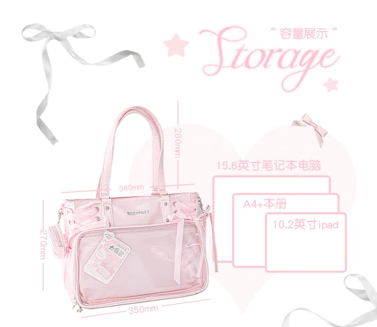 Japanese New Girls Silver Shoulder Bag Large Capacity Ribbon Itabag Student Women's Satin Messenger Bag Leather Backpacks