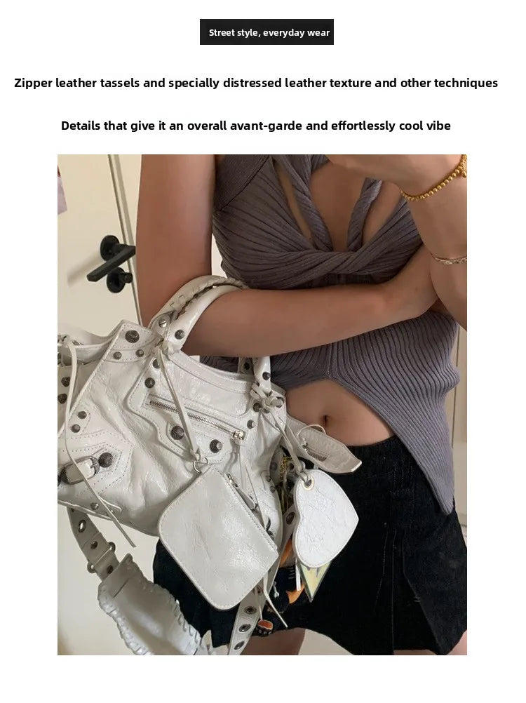 Neo Motorcycle Bag Handheld Rivet Head Layered Oil Wax Cowhide Crossbody Women's Bag Cool And Spicy Girl Retro Style Tote Bag