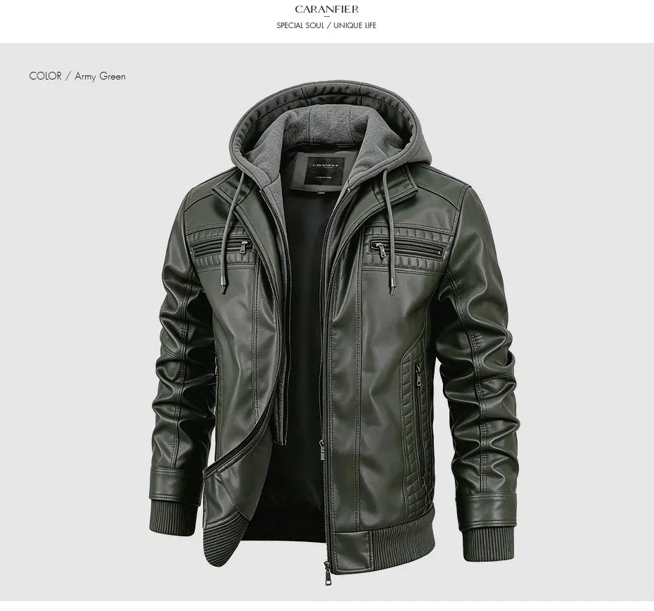 CARANFIER Men PU Leather Jacket Male Moto Biker Hooded Luxury Coats Clothing Faux Vintage Outerwear Chaqueta Hombre Dropshipping