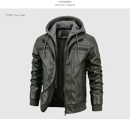 CARANFIER Men PU Leather Jacket Male Moto Biker Hooded Luxury Coats Clothing Faux Vintage Outerwear Chaqueta Hombre Dropshipping