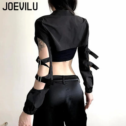 JOEVILU Women's Cyberpunk Goth Harajuku Crop Tops Long Sleeve Hollow Out Zipper T Shirt Y2K Grunge Streetwear Jacket for Dancing