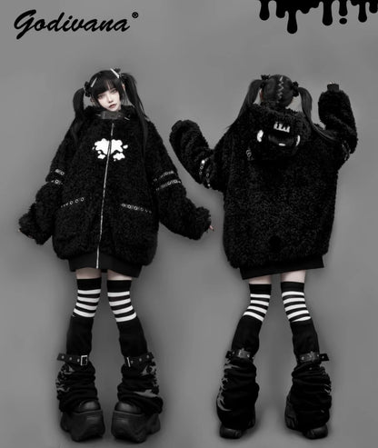 Japanese Gothic Hooded Plush Coat New Autumn Winter Subculture Cool Girl Women's Punk Rivet Lamb Wool Hoodie Jacket Zipper Coat