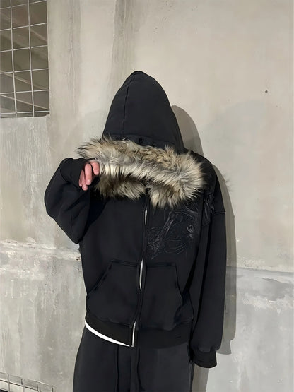 Dark Gothic Style Cross Design Printed Large Fur Collar Zipper Cardigan for Women 2026 Y2k Harajuku Spicy Girl Hooded Sweatshirt