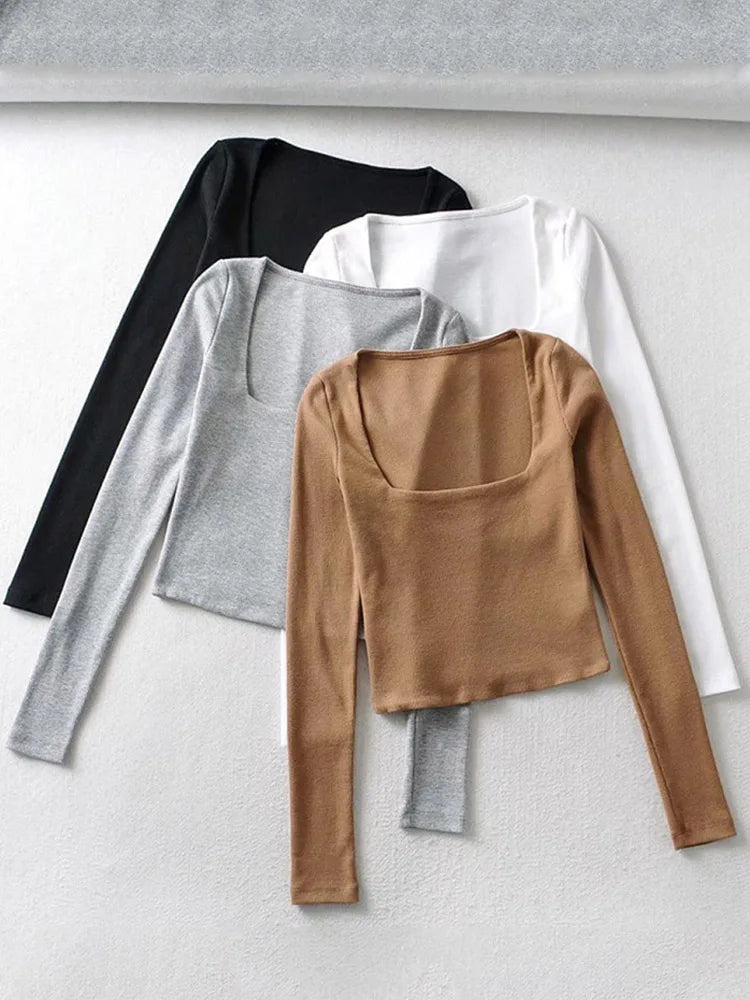 Women's Ribbed Square-Neck Long-Sleeve Crop Top