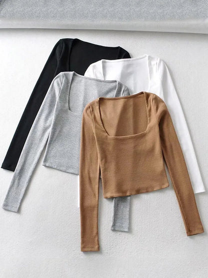 Women's Ribbed Square-Neck Long-Sleeve Crop Top