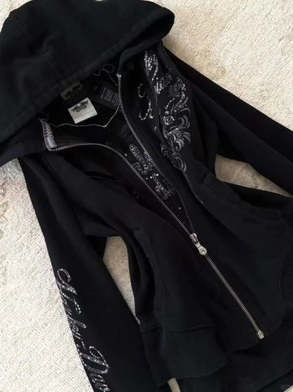 Women's Jacket Y2K Gothic Drawstring Design Black Zipper Sweatshirt Harajuku Letter Pattern Sexy Slim Fit Hoodie