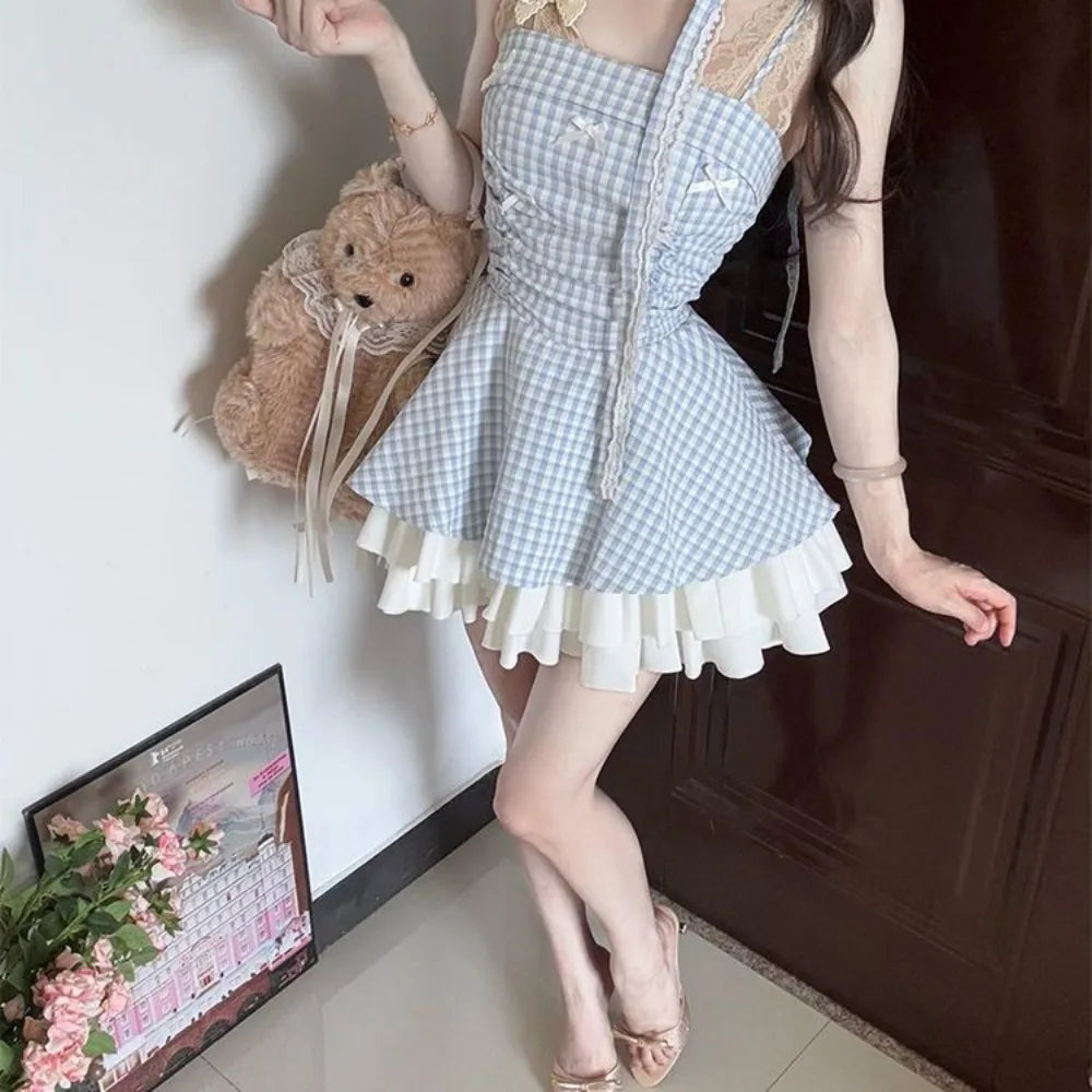Women's Blue Plaid Bow Strapless Mini Dress