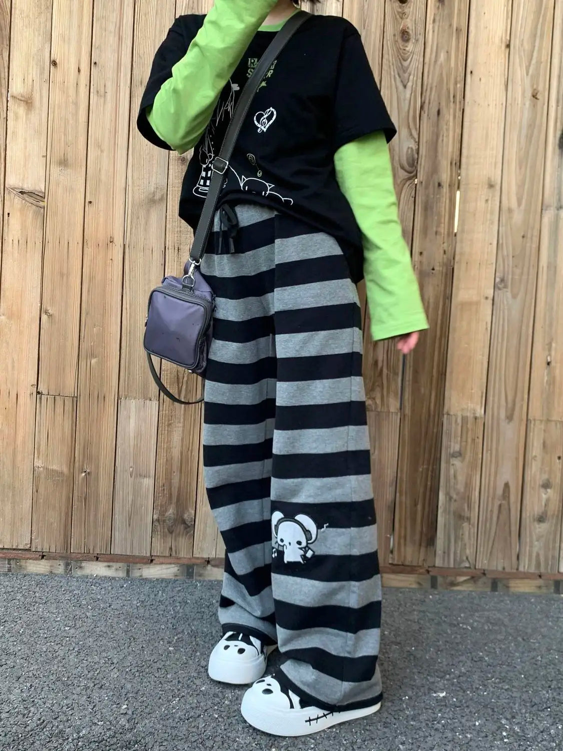 Kimotimo Punk Anime Printed Striped Pants Women Harajuku Y2k Straight Casual Long Trousers 2025 Autumn Vintage Gothic Streetwear