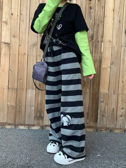 Kimotimo Punk Anime Printed Striped Pants Women Harajuku Y2k Straight Casual Long Trousers 2025 Autumn Vintage Gothic Streetwear