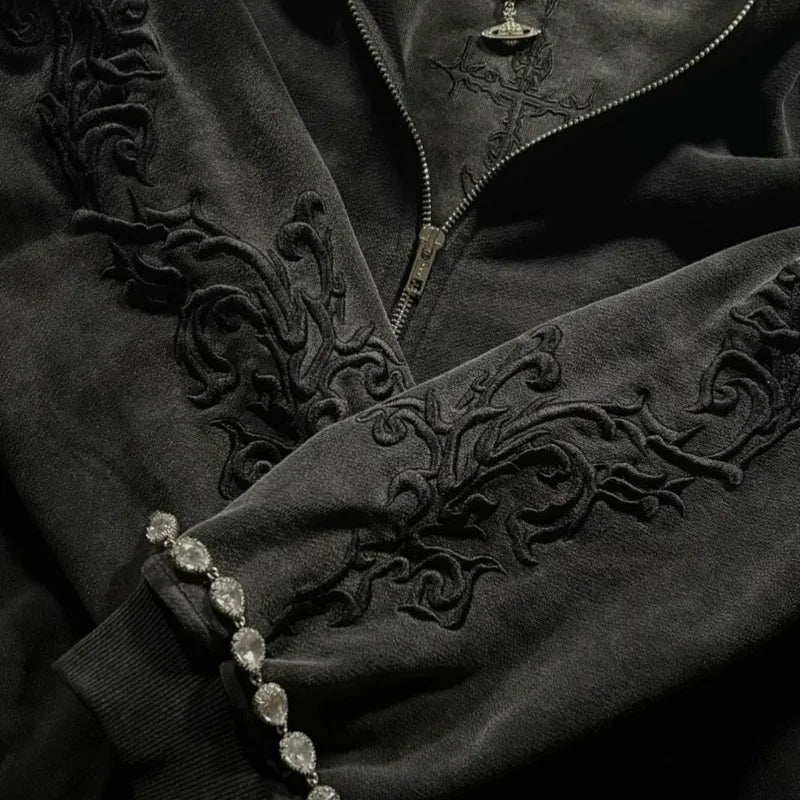 Men's Hoodie Harajuku Y2K Vine Embroidered High Street Washed Black Gray Sweatshirt Gothic Casual Streetwear Loose Fit Man New