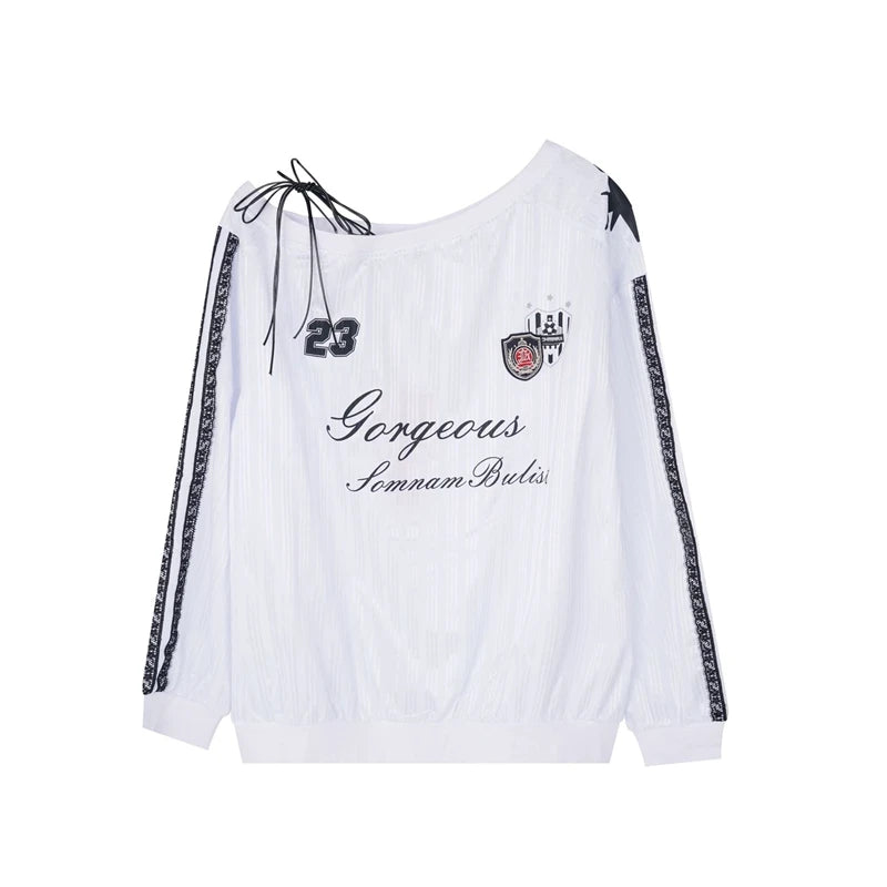 Spring and winter new American oblique shoulder long sleeve printed letter hoodie loose casual spice girls shirt T-shirt women